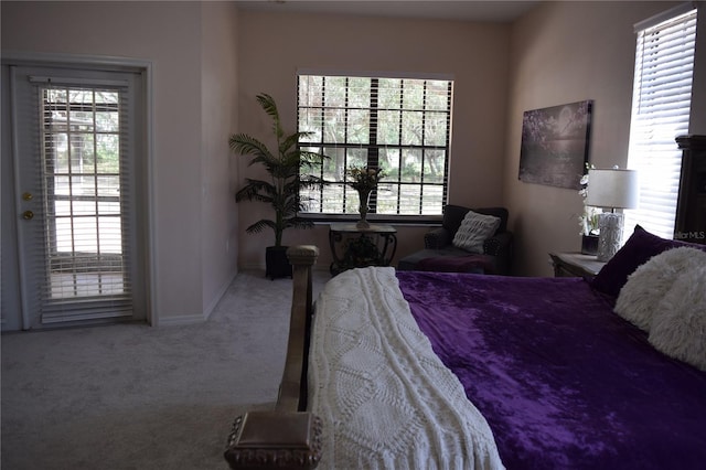 carpeted bedroom with baseboards and access to outside