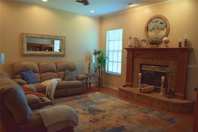 living area featuring crown molding, a fireplace, wood finished floors, baseboards, and recessed lighting