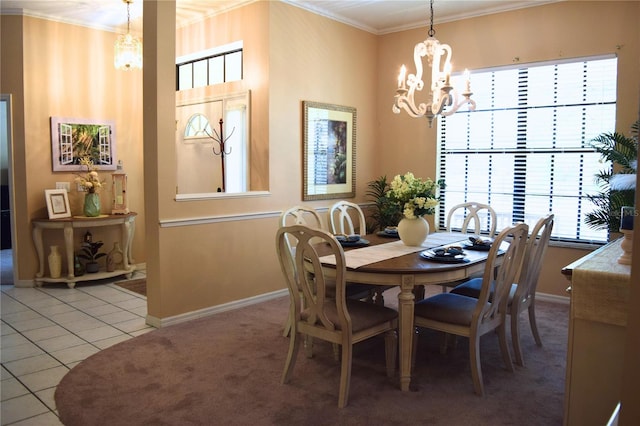 carpeted dining area with crown molding, baseboards, tile patterned floors, and a chandelier