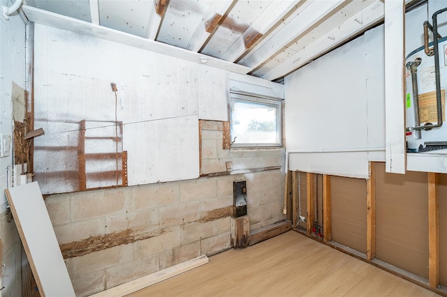 basement featuring concrete block wall and wood finished floors