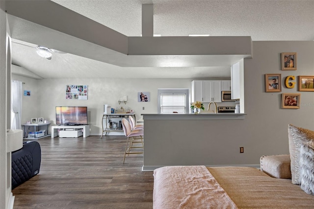 2407 Oakington St, Winter Garden, FL 34787 - living room featuring a textured ceiling, dark wood finished floors, and baseboards