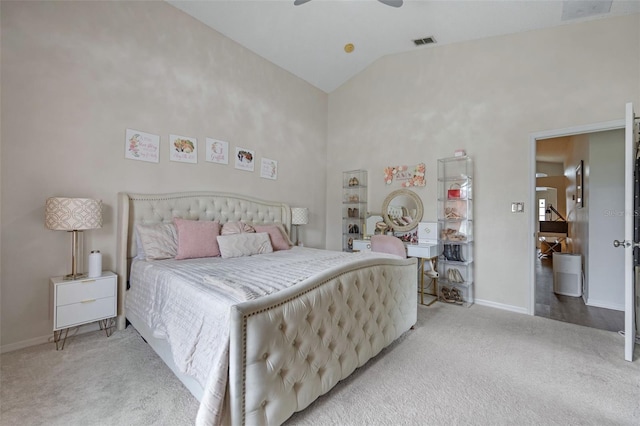 2407 Oakington St, Winter Garden, FL 34787 - bedroom with carpet flooring, high vaulted ceiling, baseboards, and ceiling fan