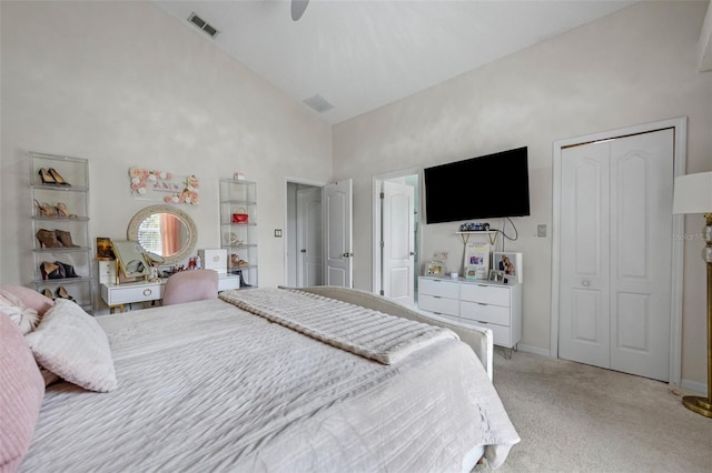 2407 Oakington St, Winter Garden, FL 34787 - bedroom with high vaulted ceiling, light carpet, and a ceiling fan