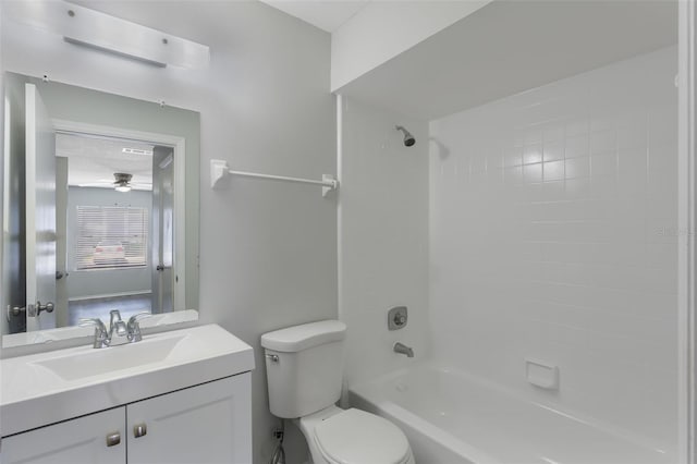 full bath with toilet, ceiling fan, shower / bath combination, and vanity