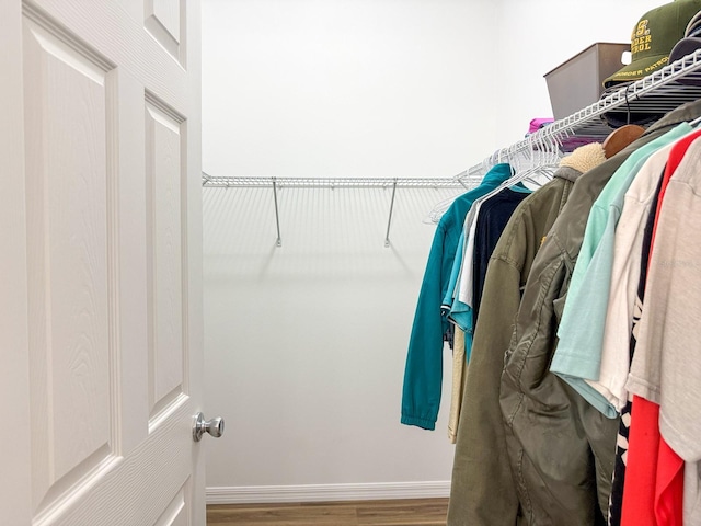 walk in closet with wood finished floors
