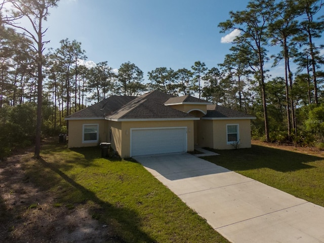 view of front facade featuring concrete driveway, a garage, a front lawn, and stucco siding