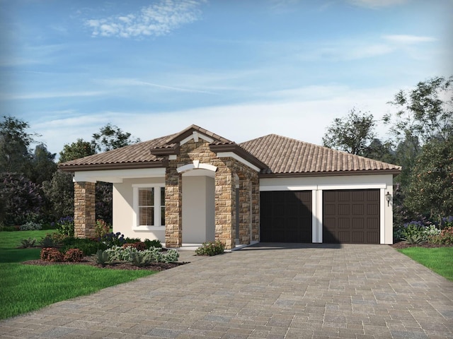 view of front of house featuring an attached garage, driveway, stone siding, and stucco siding