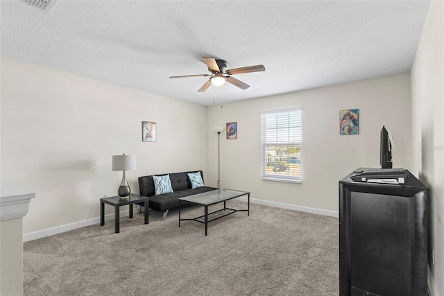 740 Simone Ct, Haines City, FL 33844 - living area with carpet floors, a ceiling fan, a textured ceiling, and visible vents
