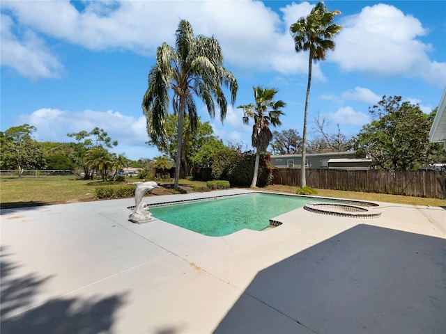 view of swimming pool featuring a patio, a fenced backyard, and a fenced in pool