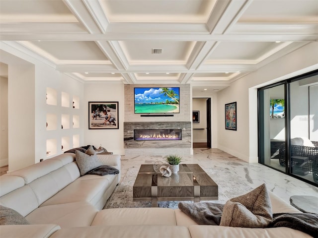 living area featuring visible vents, marble finish floor, beam ceiling, a large fireplace, and coffered ceiling