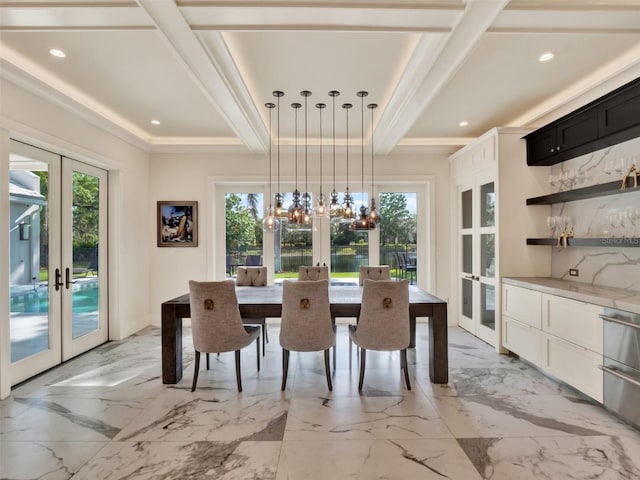 dining space featuring plenty of natural light, french doors, beam ceiling, and marble finish floor