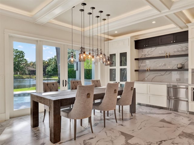 dining room with a chandelier, french doors, marble finish floor, recessed lighting, and beamed ceiling