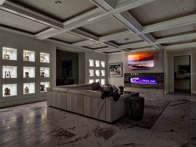 cinema room featuring marble finish floor, a glass covered fireplace, coffered ceiling, and beamed ceiling