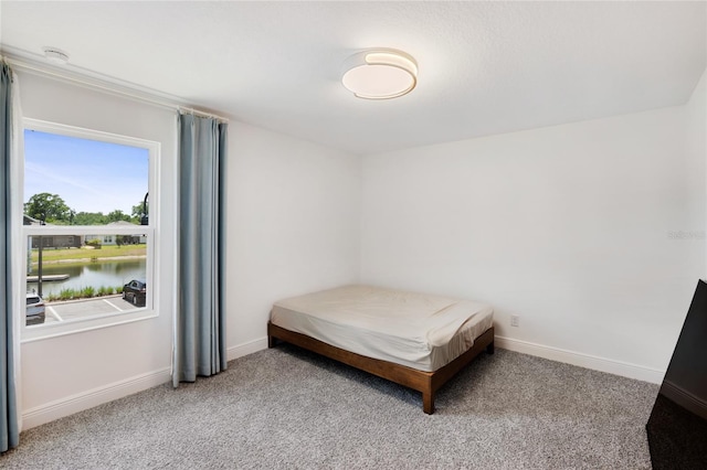 carpeted bedroom with baseboards and a water view