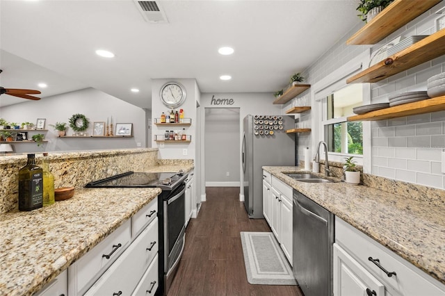 kitchen with open shelves, decorative backsplash, a sink, dark wood finished floors, and appliances with stainless steel finishes