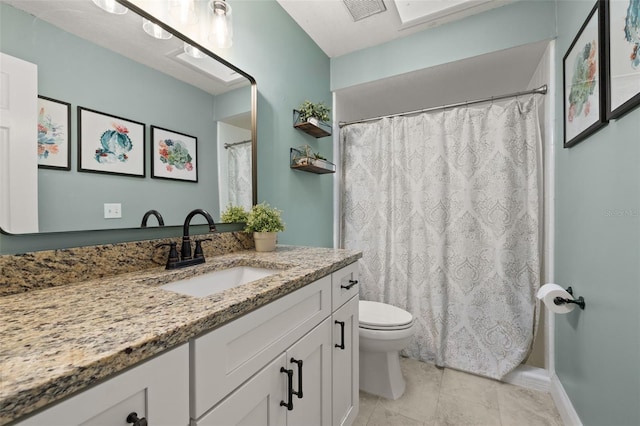 full bath featuring visible vents, tile patterned floors, toilet, and vanity