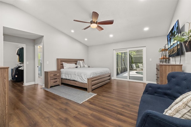 bedroom featuring recessed lighting, access to exterior, wood finished floors, and lofted ceiling
