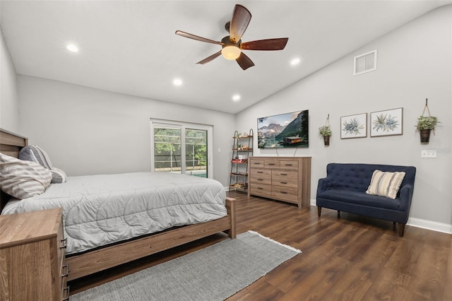 bedroom with access to exterior, visible vents, vaulted ceiling, wood finished floors, and recessed lighting