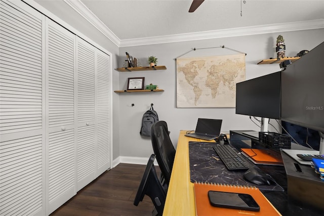 office with ceiling fan, dark wood finished floors, ornamental molding, and baseboards