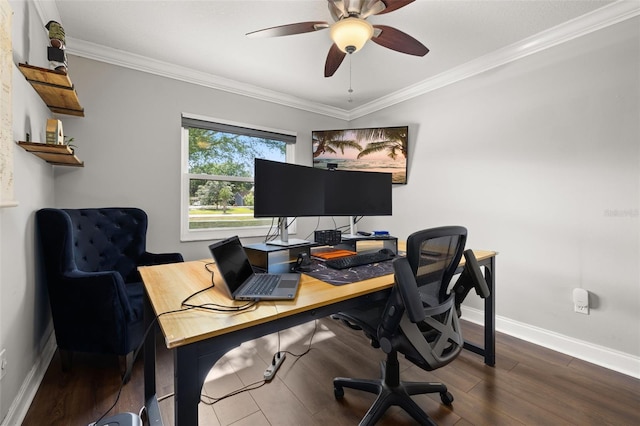 office featuring baseboards, ceiling fan, dark wood-style floors, and ornamental molding