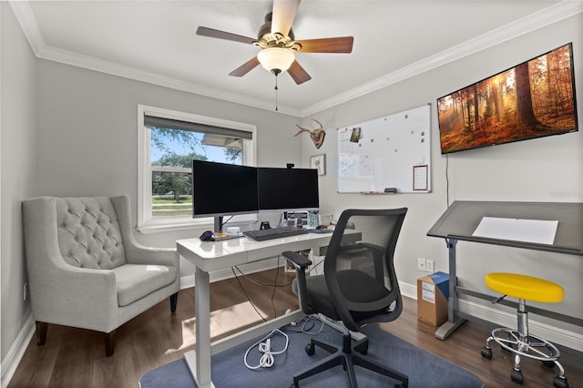 office space featuring baseboards, ornamental molding, a ceiling fan, and wood finished floors