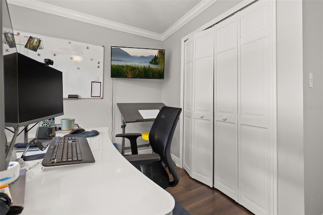 office featuring baseboards, ornamental molding, and dark wood-style floors