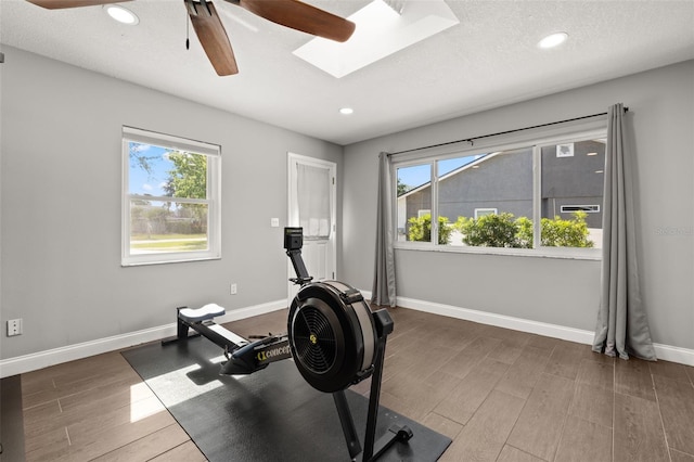 workout area with a ceiling fan, wood finished floors, a healthy amount of sunlight, and a skylight