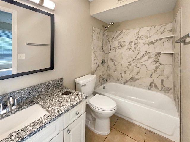bathroom with toilet, washtub / shower combination, tile patterned flooring, and vanity