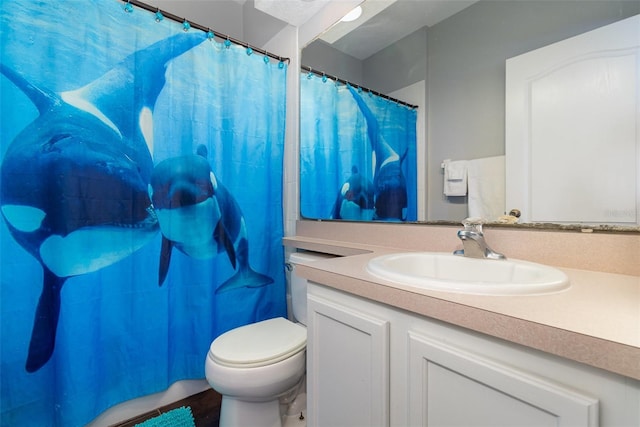 bathroom featuring vanity, curtained shower, and toilet