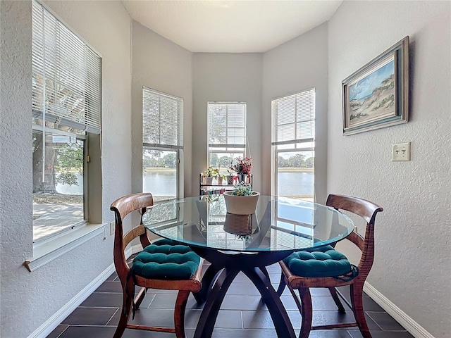 dining area featuring baseboards, a textured wall, and a water view