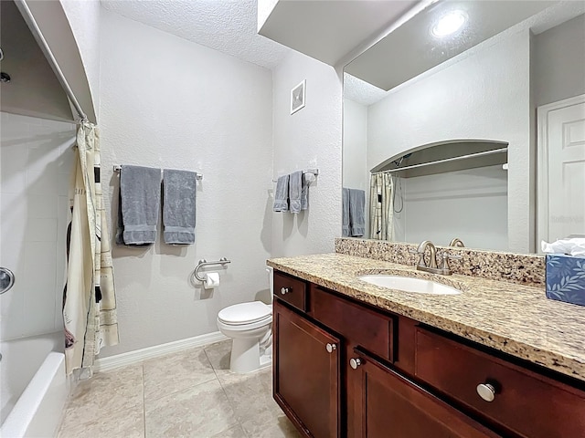 full bathroom with visible vents, tile patterned flooring, vanity, toilet, and shower / bath combo