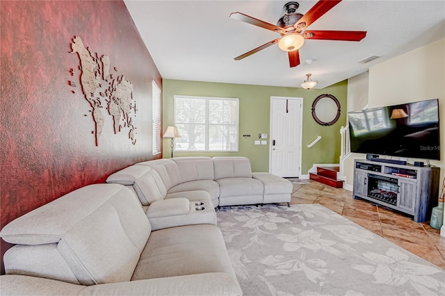 7348 Yoder St, Windermere, FL 34786 - living room featuring a ceiling fan, visible vents, and tile patterned flooring