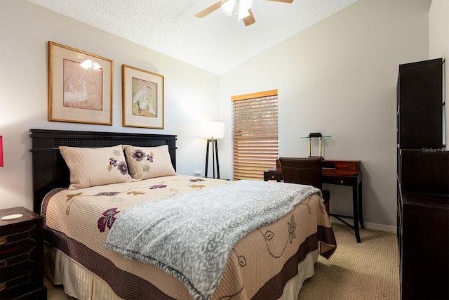 carpeted bedroom featuring a ceiling fan and lofted ceiling