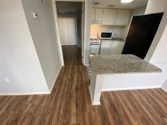 122 Water Front Way Unit 360, Altamonte Springs, FL 32701 - kitchen with white appliances, baseboards, dark wood-style floors, tasteful backsplash, and a sink