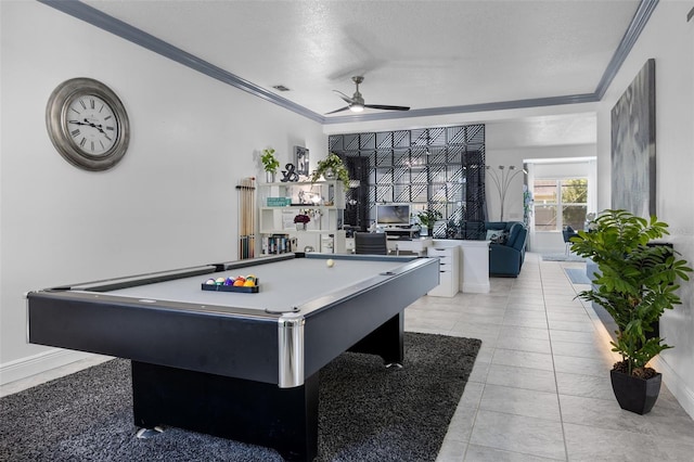 recreation room featuring light tile patterned flooring, ceiling fan, billiards, visible vents, and ornamental molding