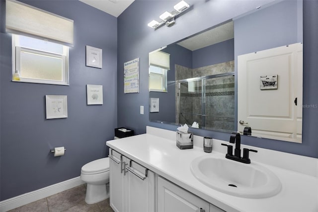 full bathroom with vanity, plenty of natural light, a shower stall, and toilet