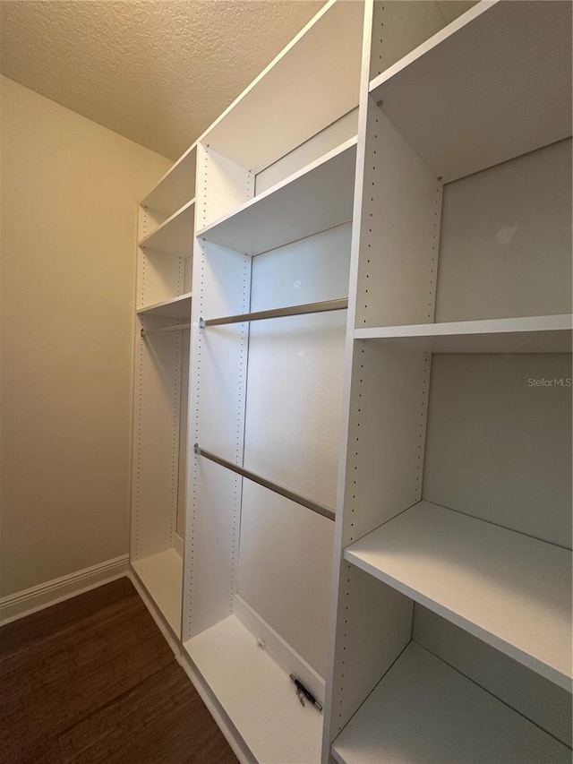 walk in closet with dark wood-style floors