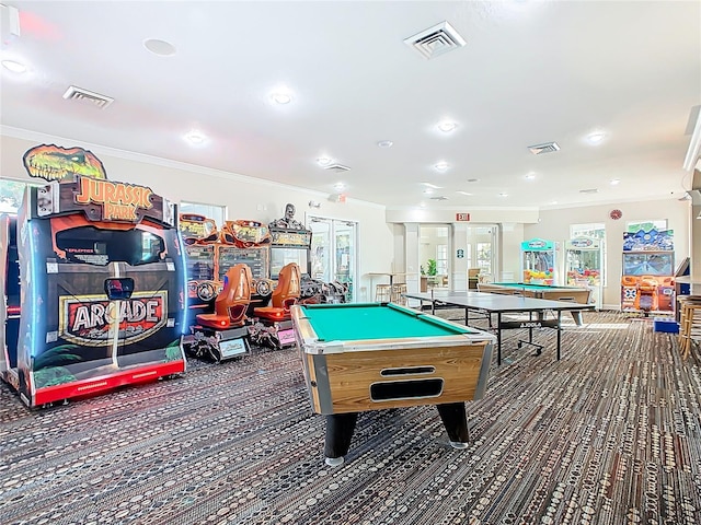 playroom featuring visible vents and crown molding