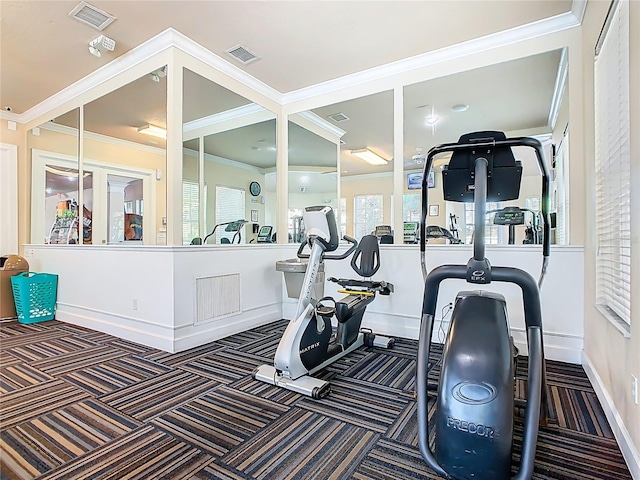 gym with visible vents, carpet, and baseboards