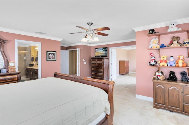 bedroom featuring ceiling fan, visible vents, baseboards, ornamental molding, and light carpet