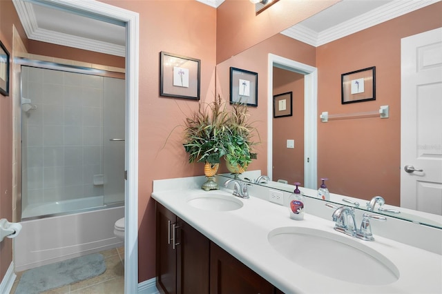 full bathroom featuring a sink, tile patterned flooring, ornamental molding, and toilet