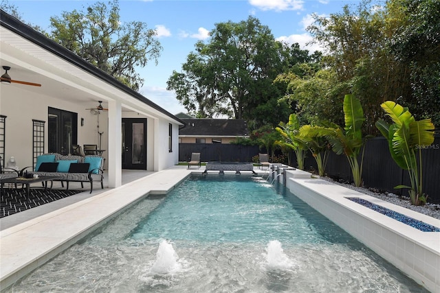 1840 Bryan Ave, Winter Park, FL 32789 - view of pool with ceiling fan, a fenced backyard, a fenced in pool, an outdoor living space, and a patio area
