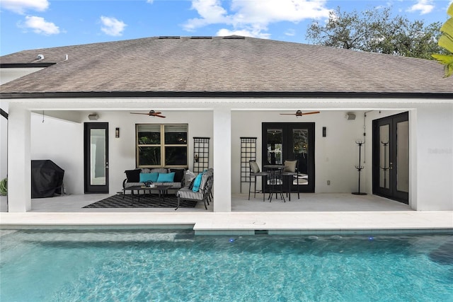 1840 Bryan Ave, Winter Park, FL 32789 - rear view of property featuring ceiling fan, french doors, roof with shingles, an outdoor pool, and outdoor lounge area