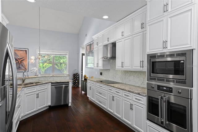 1840 Bryan Ave, Winter Park, FL 32789 - kitchen with appliances with stainless steel finishes, range hood, a sink, lofted ceiling, and white cabinetry