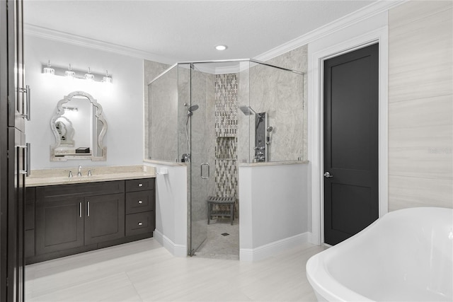 1840 Bryan Ave, Winter Park, FL 32789 - bathroom with vanity, ornamental molding, a freestanding bath, and a stall shower