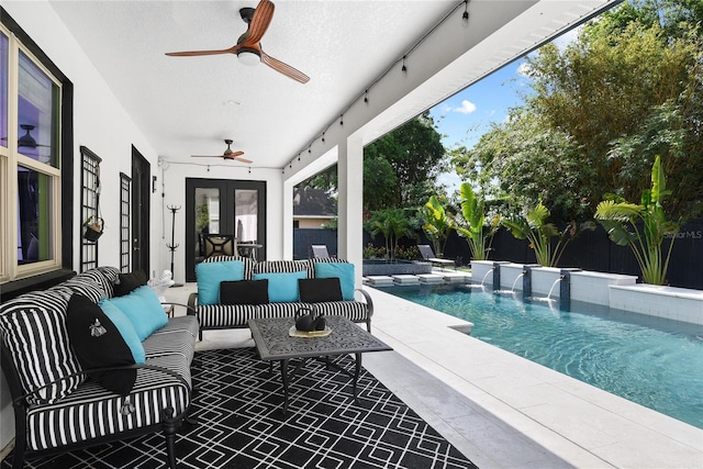 1840 Bryan Ave, Winter Park, FL 32789 - view of pool featuring an outdoor hangout area, a fenced in pool, a fenced backyard, a patio area, and a ceiling fan