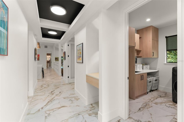hallway with recessed lighting, baseboards, and marble finish floor