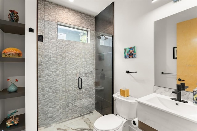 full bath with vanity, toilet, marble finish floor, and a stall shower