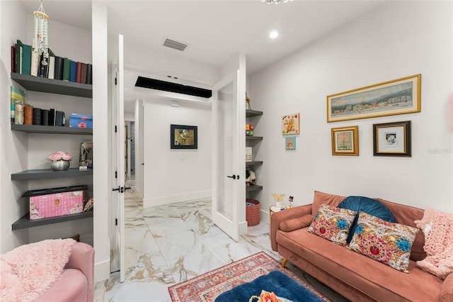 living area with recessed lighting, baseboards, marble finish floor, and visible vents
