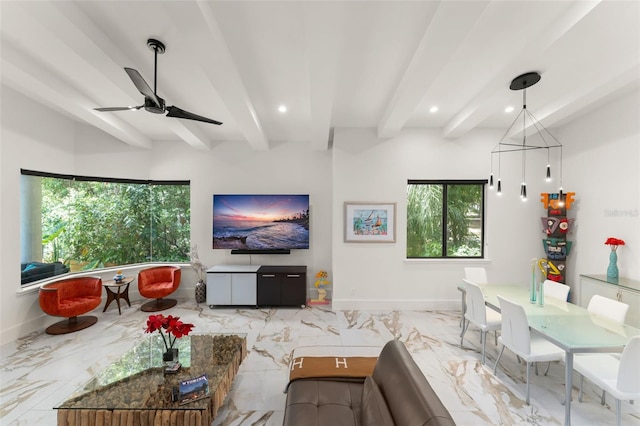 living room featuring ceiling fan, marble finish floor, recessed lighting, baseboards, and beamed ceiling